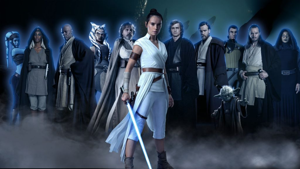 Some of the Jedi characters of the Jedi order with Rey at the front