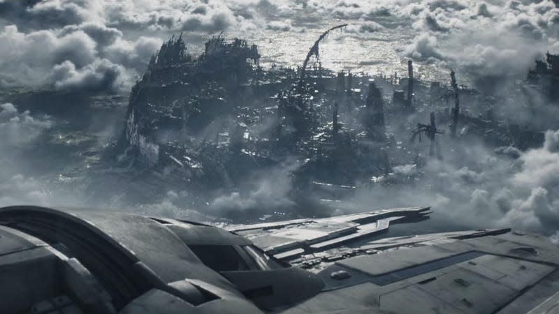 Bo-Katan flies over the Mandalorian destroyed city of Sundari on Mandalore