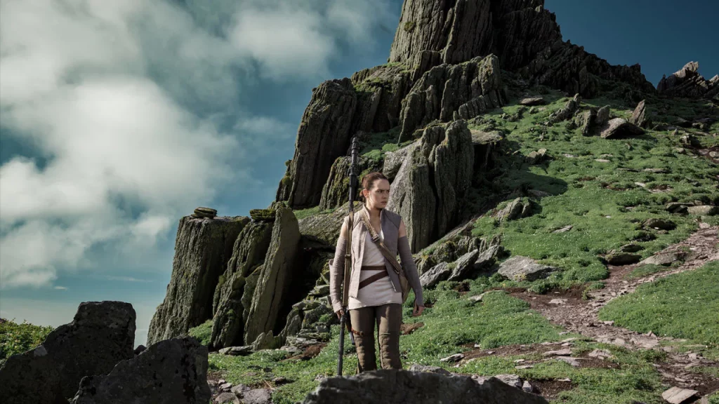 Rey on Ahch-To looking for Luke Skywalker