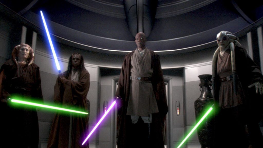 Jedi Master Mace Windu and other Jedi confront the Sith Lord Palpatine