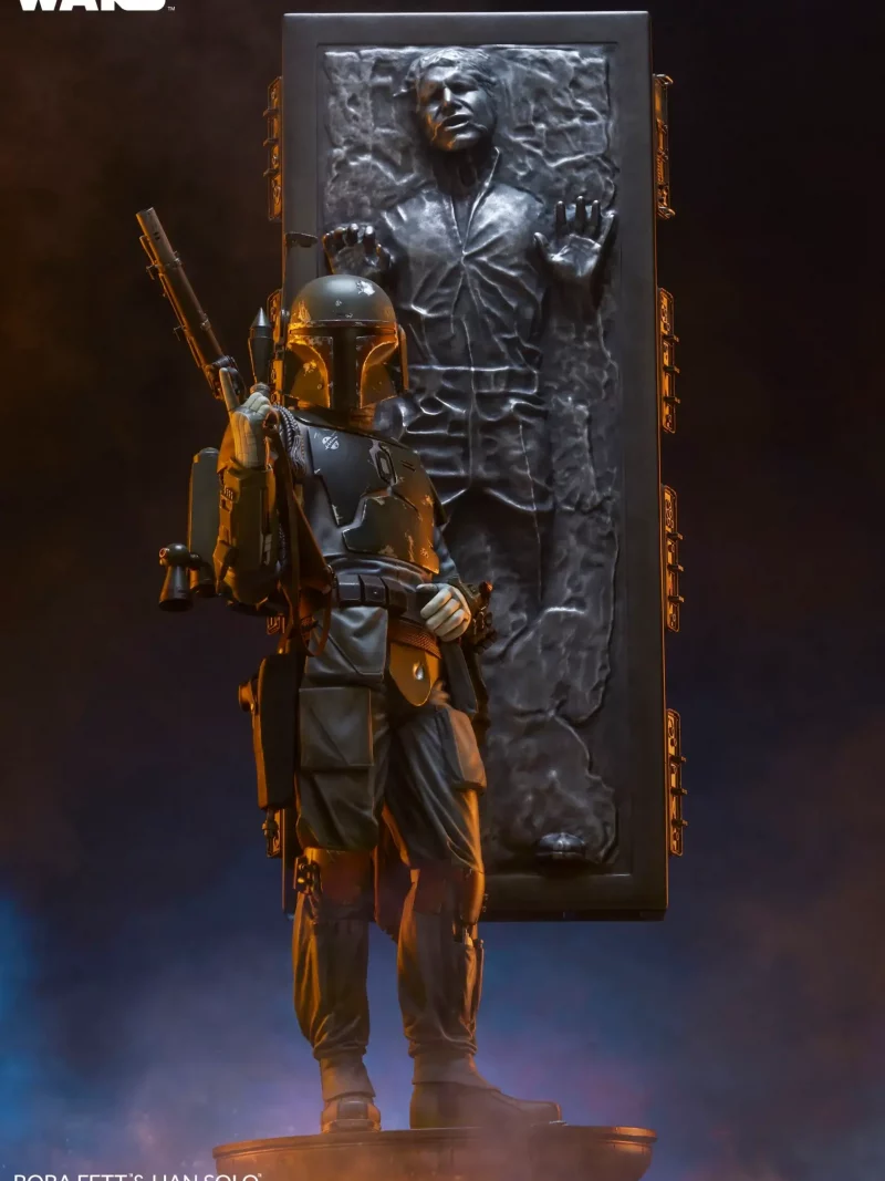 Boba Fett statues and Han Solo in carbonite
