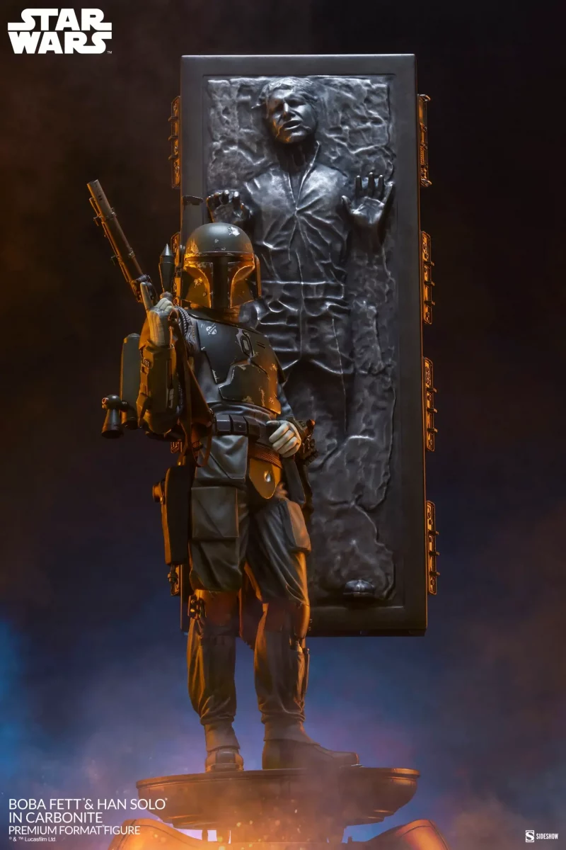 Boba Fett statues and Han Solo in carbonite