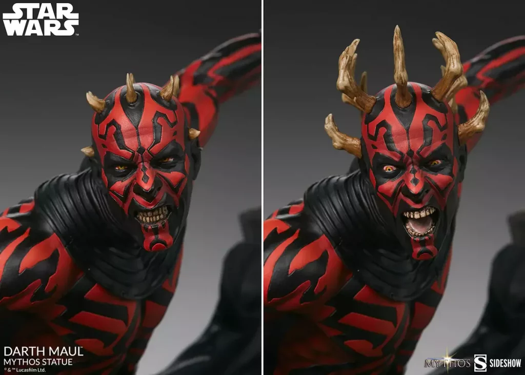 A close-up of one of the best detailed Darth Maul mythos statues from the Star Wars series by Sideshow Collectibles, featuring an alternate portrait.