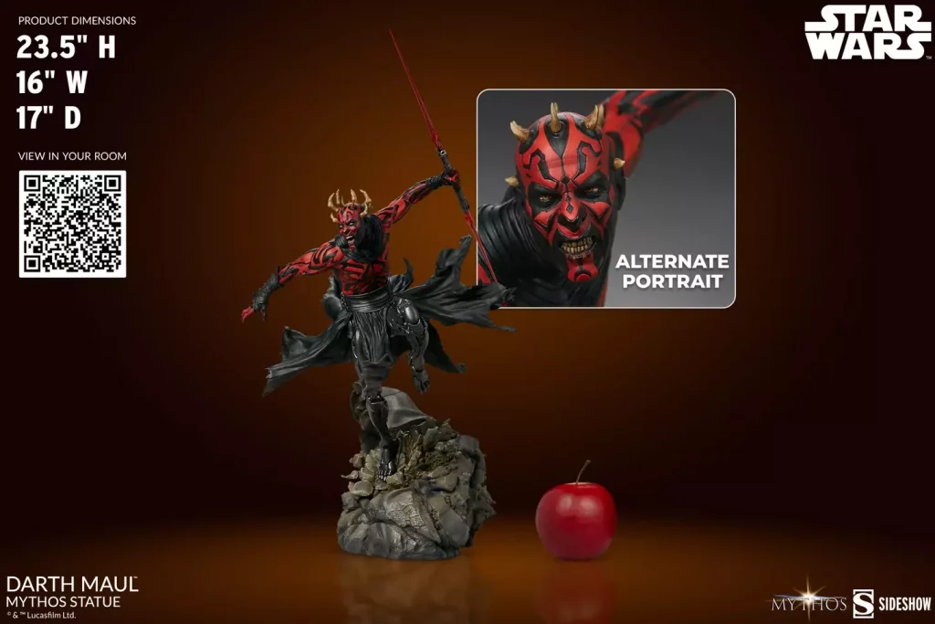 One of the best Darth Maul mythos statues with an alternate portrait and product dimensions display.
